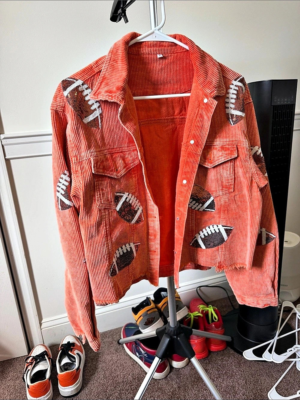Football Sequin Embroidery Washed Corduroy Jacket Orange size small